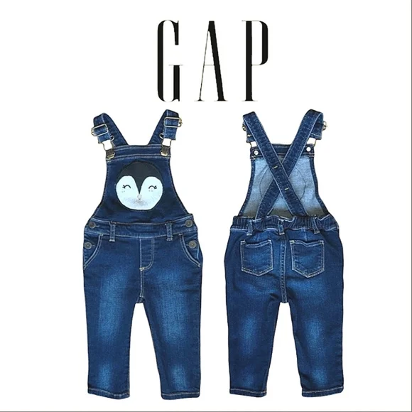 GAP Toddler Denim Overalls with Fleece Penguin Patch & Adjustable Straps 4yr - Picture 1 of 16